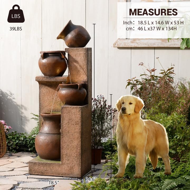 Bumilgar 53" H Patio Water Fountain - The 4 Cascading Modern Feature Crocks Garden Fountains and Waterfalls with Warm Lights for Porch, Deck, Patio, Backyard Home Décor (Gold) - Image 3