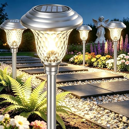 BEAU JARDIN 8 Pack Solar Pathway Lights White+ Color Changing Stainless Steel 3 Mode Outdoor Multicolor Metal Solar Powered Waterproof Glass for Garden Landscape Path Yard Walkway Driveway Silver by BEAU+JARDIN