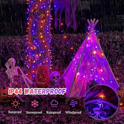 QITONG Solar Halloween String Lights, 2 Pack Each 66ft 200 LED Orange and Purple led Lights Outdoor Waterproof, 8 Modes Solar Twinkle Lights for Garden Patio Yard - Image 2