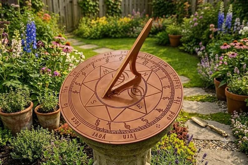 Handcrafted Copper Garden Sundial, Engraved Compass Metal Outdoor Decor (8 Inch) by Unknown