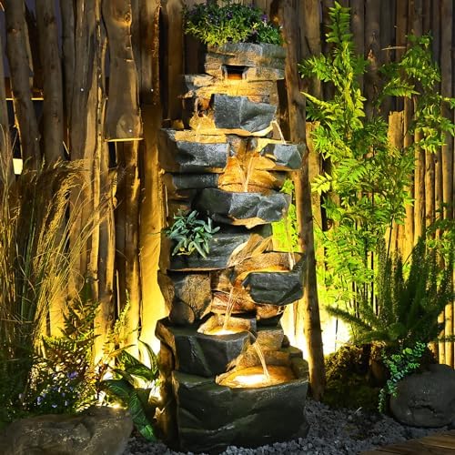 Sunlinua 58" H Cascading Realistic Rock Outdoor Water Fountain with 7 Tiers by Sunlinua