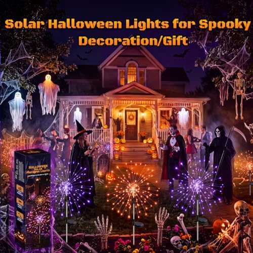 btfarm 4 Pack Solar Halloween Lights Outdoor, Orange+Purple Firework Light - Image 4