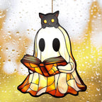 Ghost and Cat Acrylic Suncatcher 8 Inches, Halloween Decoration Indoor Outdoor, Bedroom Porch Decor, Stained Glass Effect Window Hanging, Bookish Spooky Ornament, Reader Gift for Cat Lovers by XISZYS