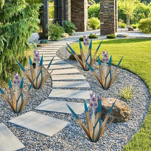Metal Agave Plant Garden Art, 2 Pack Tequila Rustic Sculpture, Rustic Metal Agave Plants Lawn Home Ornaments, for Yard Stakes, Garden Figurines, Outdoor Patio (2 PCS Purple Flowers) - Image 6
