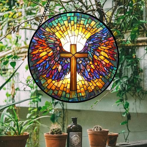 Christian Cross Wings Stained Glass Window Hanging Suncatcher Gifts 15" - Image 3