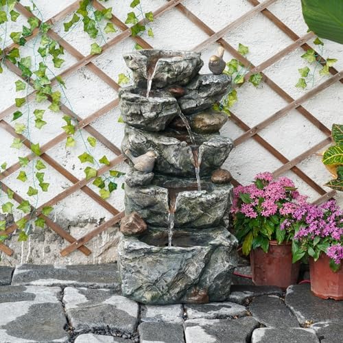 Outdoor Indoor Bird Water Fountain 5-Tier Cascading Rock Waterfall with LED - Image 6