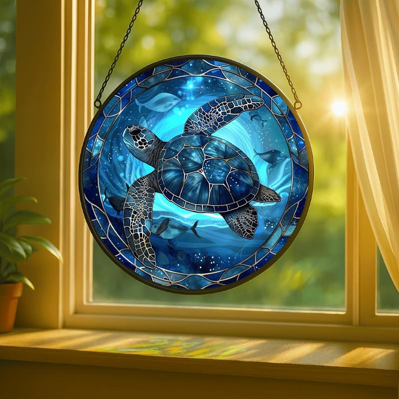 Stained Glass Window Hanging - Blue Rose and Vintage Frame Sun Catchers Indoor Stained Glass Panels Wall Decor for Mom, Wife, Lovers, Festive, 11.8in - Image 2