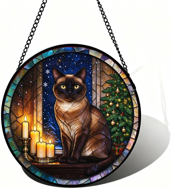 Stained Glass Window Hanging Burmese Cat Suncatcher Gifts for Niece 11.8" by Unknown