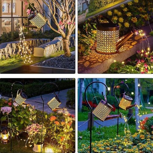 Outdoor Decorative LED Watering Can Light Stake, Copper Metal Garden Art with Star Pattern, Black Stand, Outdoor Solar Fountain - Image 2