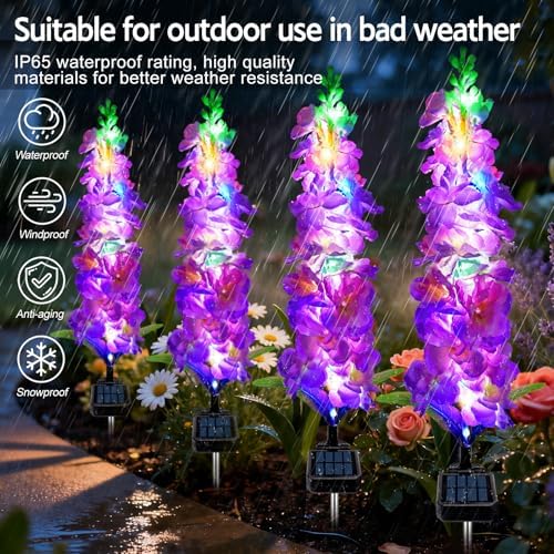 MRHEPHAESTUS Solar Garden Lights, Solar Purple Delphinium Flowers Lights 8 Pack 160 LEDs, Waterproof Outdoor Light Two Lighting Modes for Outside Wedding Party Garden Yard Patio Lawn Decor - Image 5