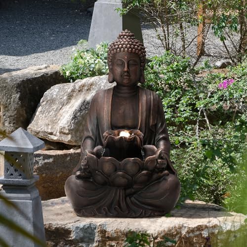Glitzhome 24" H Zen Style Meditating Buddha Water Fountain Statue with Pump and LED Light, 2 Tier Waterfalls Resin Indoor Outdoor Floor Fountain for Garden Patio Backyard Decking - Image 6