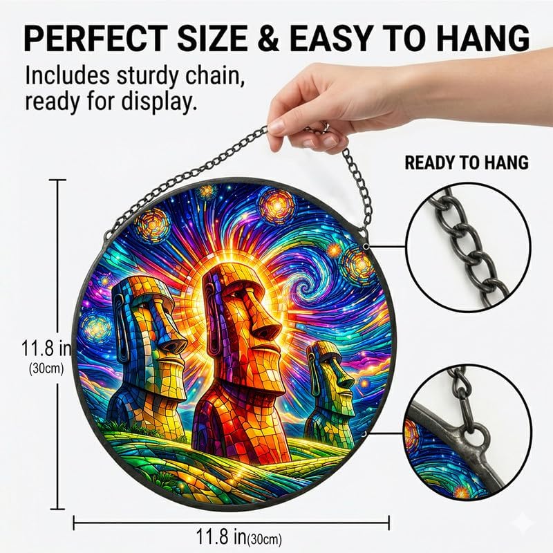 Stained Glass Window Hanging-11.8" Moai Statue Suncatcher Glass Panel,Colorful Easter Island Head Art Decor,Home Decorative Hanging Ornament for Kitchen or Garden,Ideal Gift for Mother,Wife or Women - Image 3