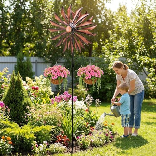 95 Inch Large Wind Spinner Outdoor Metal Garden Stake with Dual Hanging Hooks, Solar Powered Windmill Spinner for Yard & Patio, Heavy Duty Rustproof Kinetic Yard Art with Stable Ground Stake - Image 6
