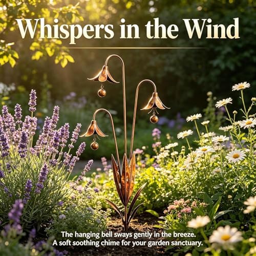 Triple Bluebells Garden Stake with Bell, Flamed Copper Three Calla Lilies Garden Stake, Metal Flower Outdoor Yard Decoration, Weather Resistant Rustic Handmade Wind Bell Stakes for Lawn Patio (B) - Image 2