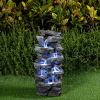 23.62" H Compact Rock Cascading Water Fountain with LED Lights, 6-Tier Outdoor Weather-Resistant Resin Waterfall Feature, Realistic Stone Fountain for Patio Balcony Porch Yard Home Garden Decor by MakensGardenSupply