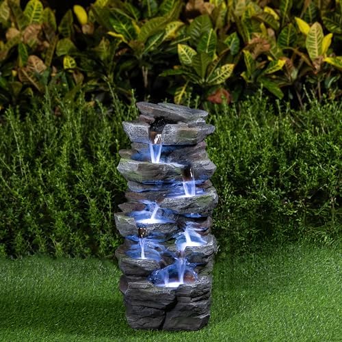 23.62" H Compact Rock Cascading Water Fountain with LED Lights, 6-Tier Outdoor Weather-Resistant Resin Waterfall Feature, Realistic Stone Fountain for Patio Balcony Porch Yard Home Garden Decor by MakensGardenSupply