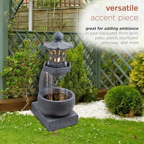 Alpine Corporation DIG370 31" Outdoor Zen Pagoda Water Fountain with LED Lights & Illuminated Stone Bowl – Tranquil Garden Water Feature for Relaxation and Ambiance, Gray - Image 5