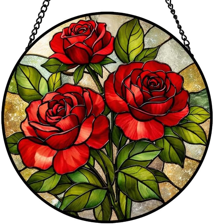 Stained Glass Window Hanging Suncatcher 9.8 Inch Rose Bloom Colorful Glass Panel Sun Catcher for Window,Red Flower Window Hanging Decor for Home,Housewarming Gift500 by Unknown