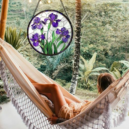 Stained Glass Window Hanging - Purple Iris Flower Sun Catcher for Door Terrace Garden Home Decor, Green Plants Suncatcher Birthday Gifts for Lovers Women Men Dad Mom Nana 9.8 in - Image 2