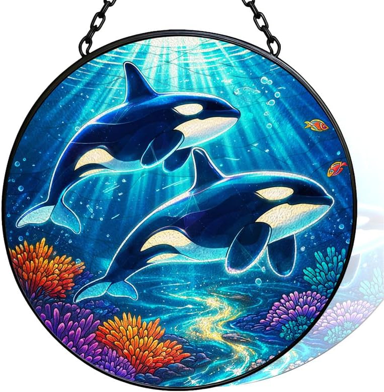 Stained Glass Window Hanging - 11.8" Orca Whale Ocean Scene Suncatcher Glass Panel, Home Decorative Hanging Ornament for Kitchen or Garden, Ideal Gift for Mother, Wife or Women by Vexila