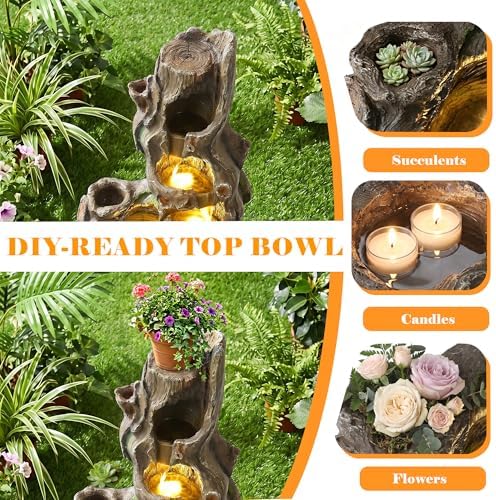 40" Tall Outdoor Water Fountain, 5-Tiers Cascading Realistic Tree Trunk Natural Water Feature, Large Garden Fountain with Waterfalls and LED Lights for Deck, Patio, Porch and Yard - Image 3