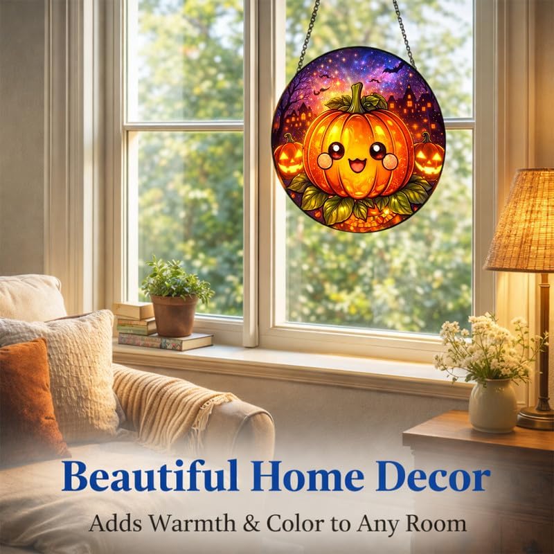 Stained Glass Window Hanging - 11.8" Pumpkin Halloween Suncatcher Glass Panel, Cute Smiling Jack-O'-Lantern Decorative Hanging Ornament for Kitchen or Garden, Ideal Gift for Mother, Wife or Women - Image 5