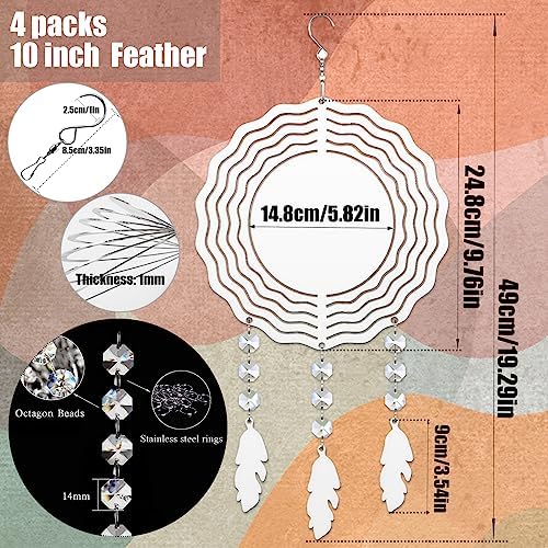 4Pack 10 inch Sublimation Wind Spinner Blanks 3D Aluminum Metal Wind Sculpture Kinetic Spinners for Yard and Garden Indoor Art Ornaments Hanging Decoration (Feather) - Image 2