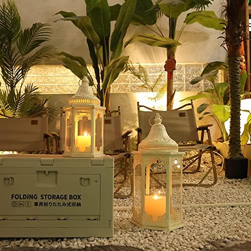 NEEDOMO Lanterns Decorative Outdoor & Indoor, Set of 2 Outdoor Lanterns for Porch,Large Candle Lantern, Beige Metal Frame with Glass for Fall, Christmas - Image 3