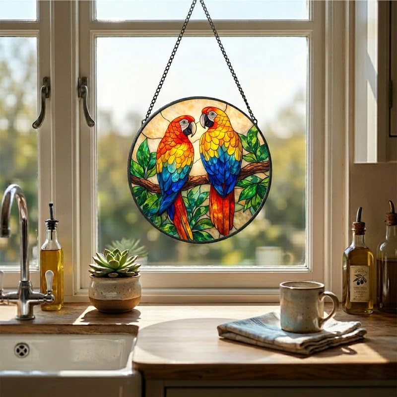 Stained Glass Window Hanging - 11.8" Colorful Macaw Parrots on Branch Suncatcher Glass Panel, Home Decorative Hanging Ornament for Kitchen or Garden, Ideal Gift for Mother, Wife or Women - Image 4