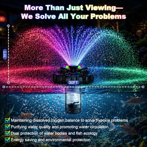 Pond Fountain Aerator, with 4 RGB Lights 1HP 110V 15000 GPH Pond Fountain Pump with Lights, Fully Automatic Lake Floating Fountain, 100 FT Power Cord, Pond Fountains for Large Ponds Lake - Image 5