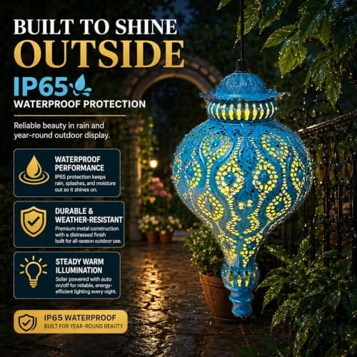 Moroccan Solar Lanterns Outdoor Hanging Garden Decor (2 Pack, Blue) - Image 7