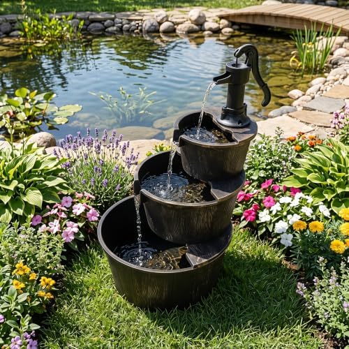 Giantex 3-Tier Barrel Waterfall Fountain with Electric Pump, 37'' - Image 2