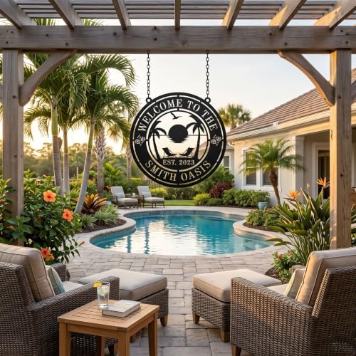 Personalized Tropical Metal Wall Art Decor - Custom Family Name Oasis Sign for Outdoor Patio, Backyard Pool & Beach House - Palm Tree Metal Wall Hanging - Personalized Housewarming Gift for Men Women - Image 4
