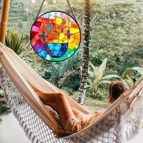 Stained Glass Window Hanging - Abstract Colorful Cross Sun Catcher for Door Terrace Garden Home Decor, Orange Red Suncatcher Birthday Gifts for Lovers Women Men Dad Mom Nana 9.8 in - Image 2