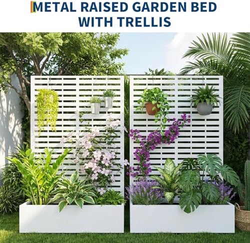 Garvee Metal Planter Box with Trellis, 70.1"x45"x15" Raised Garden Beds with Trellis for Climbing Plants Vegetables, Privacy Screen Planter Box with Drainage Holes for Patio Balcony, White - Image 6