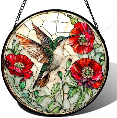 Stained Glass Window Hanging - Green Hummingbird Red Flower Suncatcher for Door Terrace Garden Home Decor Bird Landscape Sun Catcher Birthday Gifts for Lovers Women Men Dad Mom Nana 15 in by JOSUMALY