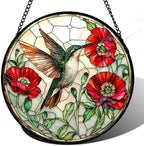 Stained Glass Window Hanging - Green Hummingbird Red Flower Suncatcher for Door Terrace Garden Home Decor Bird Landscape Sun Catcher Birthday Gifts for Lovers Women Men Dad Mom Nana 15 in by JOSUMALY