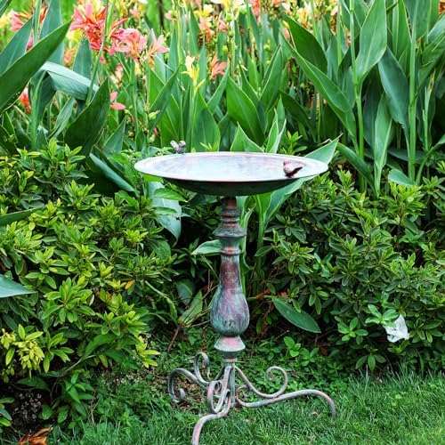 Newtay 27.25 Ornate Metal Pedestal Style Birdbath with Cast Iron Vintage Birds Baths for Outdoors on Rim Full Base Standing Bird Bath Tray for Garden Yard Decoration, Green, Not Easy to Rust - Image 3
