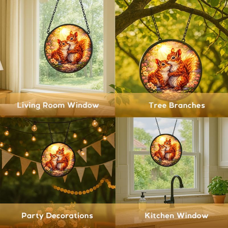 Stained Glass Window Hanging，Adorable Squirrels 11.8in Sun Catchers Indoor Window, Home Decor Inside and Outside the Cottage, Unique Gifts for Women - Image 5