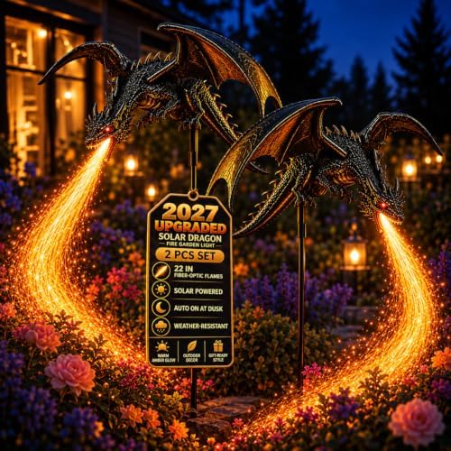 2027 New Solar Dragon Fire Garden Light, Dragon Garden Statue Stake with Breathing Fiber Optic Flame, Weatherproof Solar Outdoor Decor for Lawn, Pathway, Flower Bed & Patio (2PCS) by Unknown