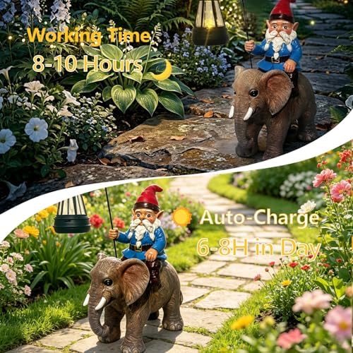 Garden Gnome Riding Elephant Statue Decoration, Funny Resin Solar Gnome with Hanging Lantern for Lawn Patio Yard Garden Outdoor Decor, Gifts for Mom Women and Men (Gnome-G) - Image 5