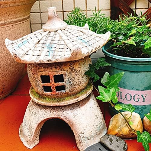 Polyresin Asian Pagoda Lantern Figurine Solar Powered Zen Pagoda Outdoor Statue, Waterproof Garden Sculpture, 11.02" Tall - Image 5
