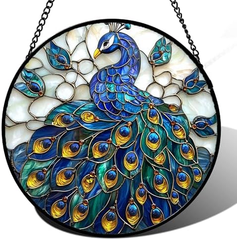 Blue Peacock Stained Glass Window Hanging Suncatcher Gifts for Women 15" by amderven