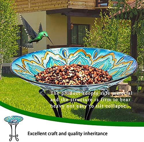 Glass Bird Bath Outdoor with Metal Stand Solar BirdBath Feeder Garden Decor - Image 2
