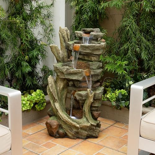 Alpine Corporation TZL292 Outdoor Floor Cascading Stone Tower Fountain, Garden Fountain with Natural Stone Look 40", Gray - Image 2