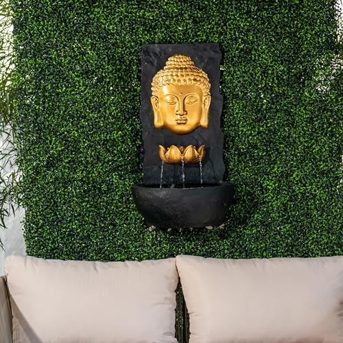 XBrand 30 in H Fiber Resin Wall Buddha Zen Outdoor Garden Water Fountain w/Warm LED Light, Gold - Image 3