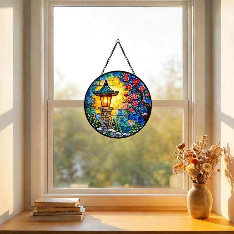 Stained Glass Window Hanging Suncatcher 11.8 in Sakura Lantern Colorful Glass Panel Sun Catcher for Window,Floral Garden Light Window Hanging Decor for Home,Housewarming Gift - Image 2