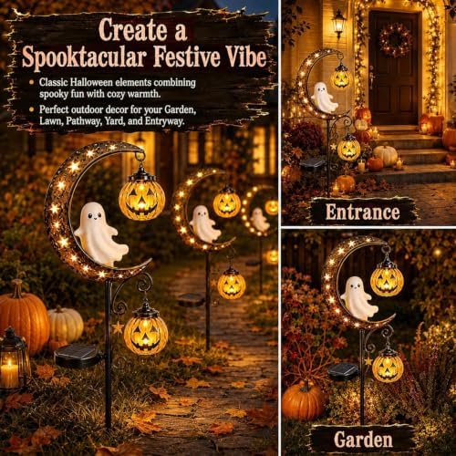 Solar Halloween White Ghost & Pumpkin Moon Garden Stake Light, Outdoor Waterproof Yard Decoration with Crescent Moon, Decorations with Pumpkins Lantern for Patio, Yard, Lawn, Pathway (Ghost) - Image 4