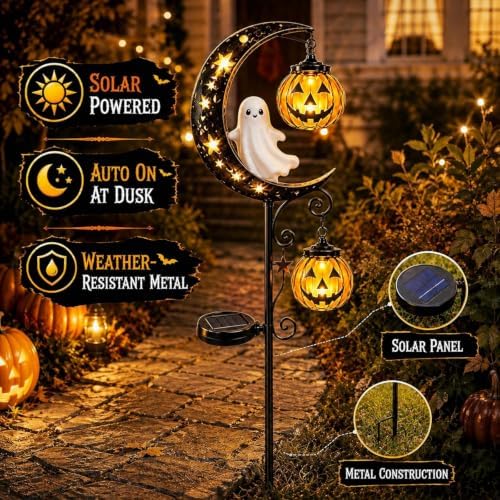 Solar Halloween White Ghost & Pumpkin Moon Garden Stake Light, Outdoor Waterproof Yard Decoration with Crescent Moon, Decorations with Pumpkins Lantern for Patio, Yard, Lawn, Pathway (Ghost) - Image 2