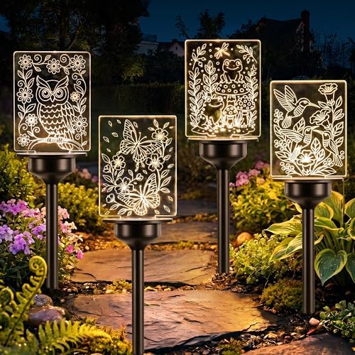 ODEETRONIC Solar Garden Lights, 4 Pack Solar Pathway Lights with Butterfly Frog Hummingbird Owl Pattern, Outdoor Landscape Lighting, Waterproof Acrylic Garden Stake Light for Yard Walkway, Warm White by ODEETRONIC